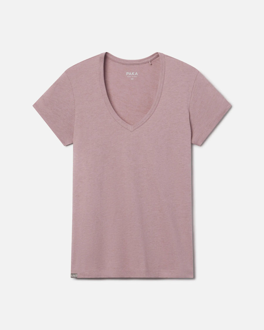 Flat lay front view of women’s V-neck t-shirt in woodrose showcasing short sleeves on white background
