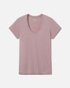 Flat lay front view of women’s V-neck t-shirt in woodrose showcasing short sleeves on white background