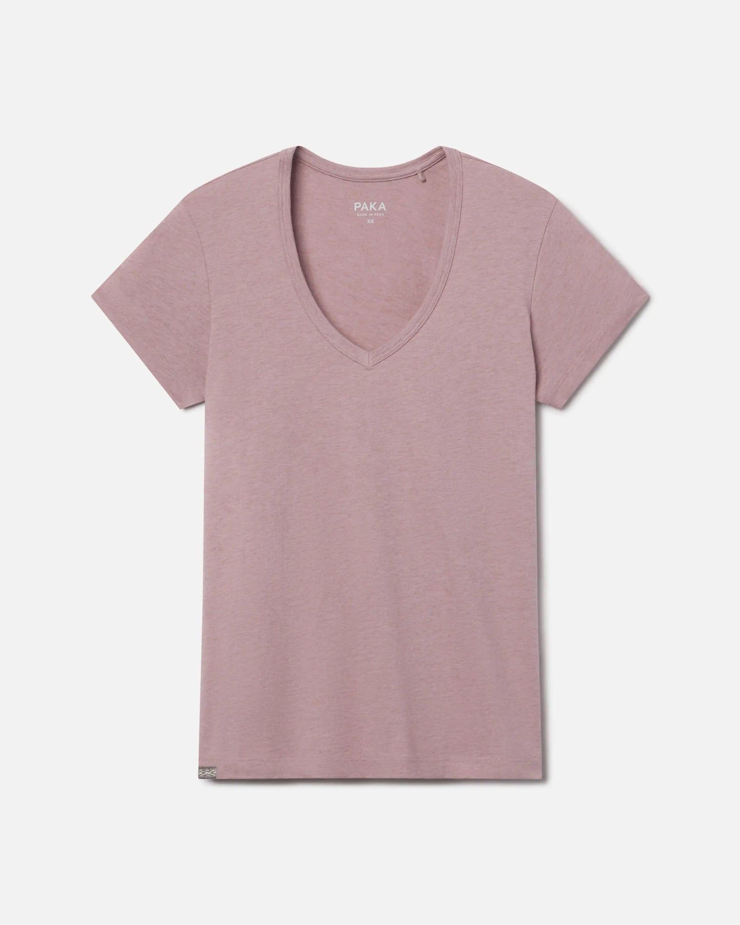 Flat lay front view of women’s V-neck t-shirt in woodrose showcasing short sleeves on white background
