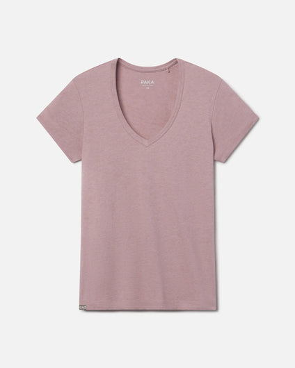 Flat lay front view of women’s V-neck t-shirt in woodrose showcasing short sleeves on white background