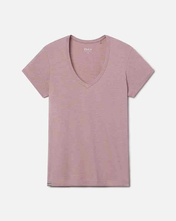 Flat lay front view of women’s V-neck t-shirt in woodrose showcasing short sleeves on white background