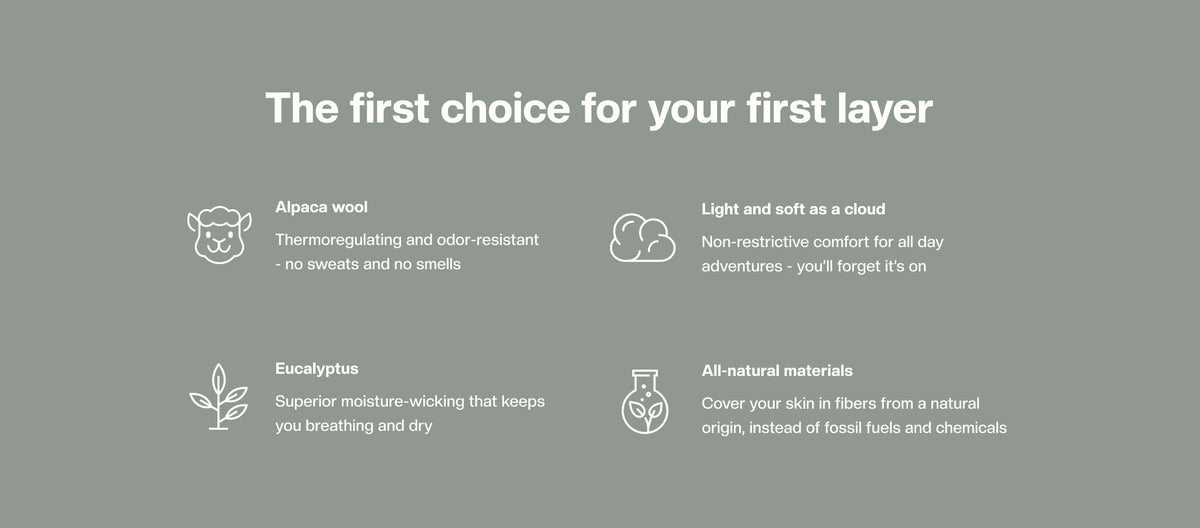 Informational banner: The first choice for your first layer, features alpaca wool, eucalyptus, lightweight comfort, and all-natural materials