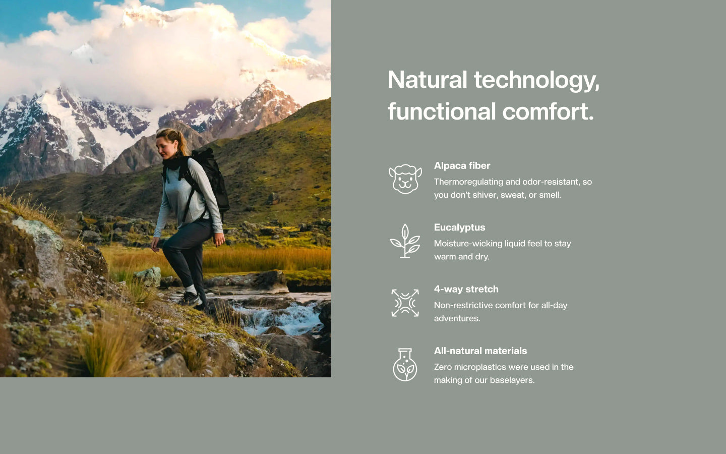 Hiker wearing a light gray Women’s Aire Long Sleeve shirt beside a mountain stream; large text reads “Natural technology, functional comfort” with icons and bullets for alpaca fiber, eucalyptus, 4‑way stretch, and all‑natural materials