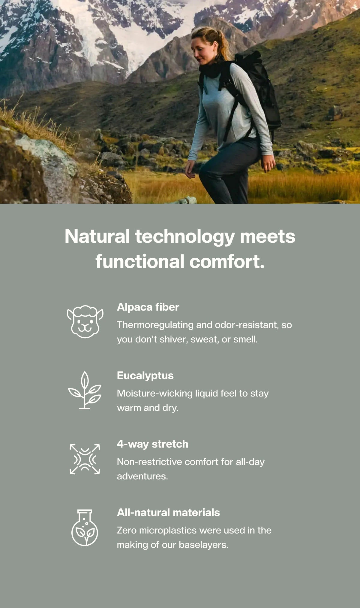 Feature list titled Natural technology meets functional comfort: alpaca, eucalyptus, 4-way stretch, natural materials