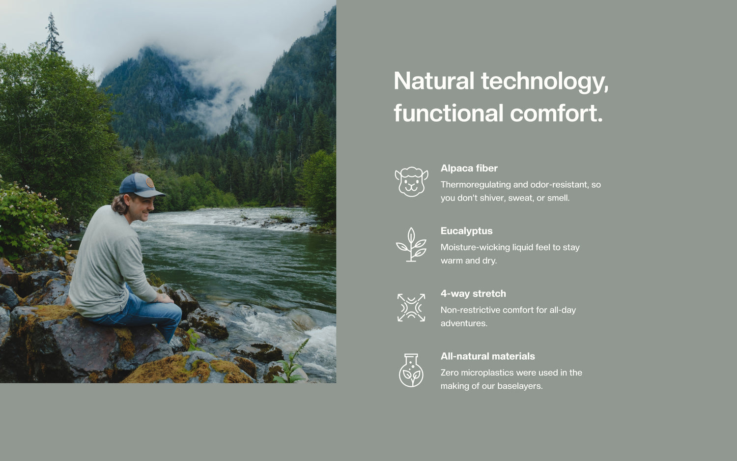Man Sitting By River in Aire Long Sleeve Shirt with Text Reading “Natural technology functional comfort. Alpaca fiber: Thermoregulating and odor-resistant, so you don't shiver, sweat or smell. Eucalyptus: Moisture-wicking liquid feel to stay warm and dry. 4-way stretch: Non-restrictive comfort for all-day adventures. All-natural materials: Zero microplastics were used in the making of our baselayers”