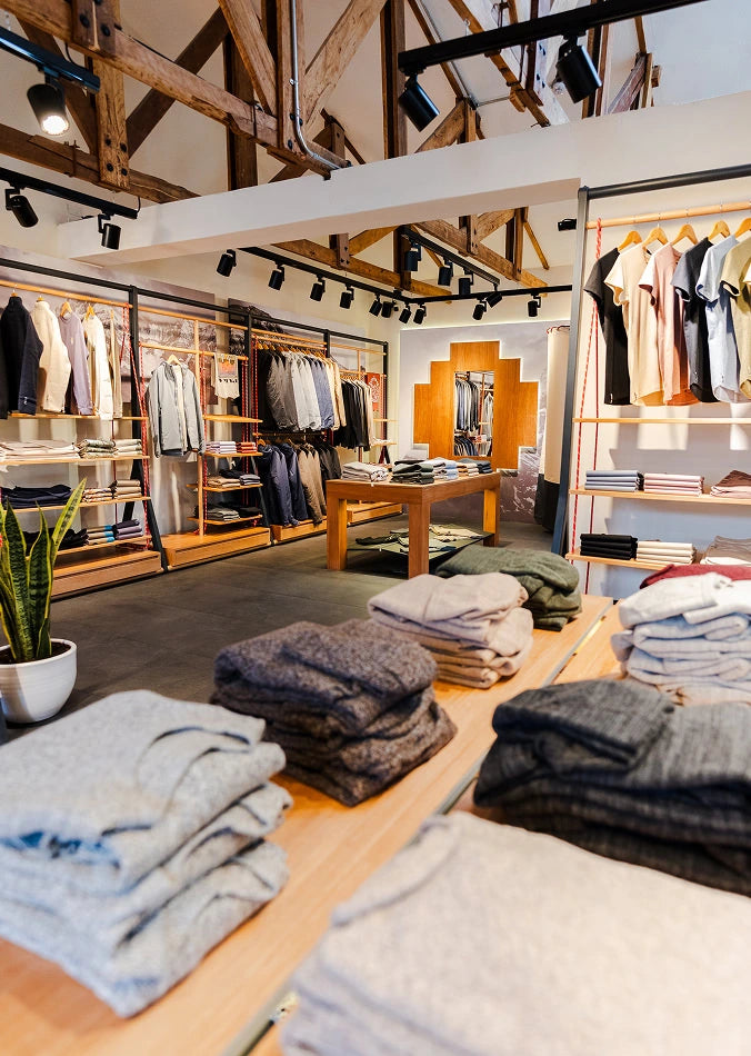 Boutique interior showing folded alpaca sweaters on a central table, wooden clothing racks, and warm lighting