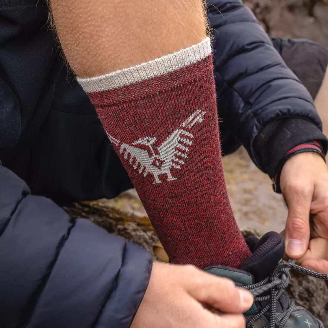 Close-up of Thermal Condór crew sock in maroon with white condor Inca pattern on a foot being laced into a hiking shoe
