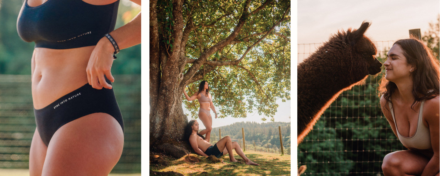 Women's alpaca underwear. A couple wearing alpaca underwear in the nature. A woman wearing an alpaca bralette smiling with a brown alpaca