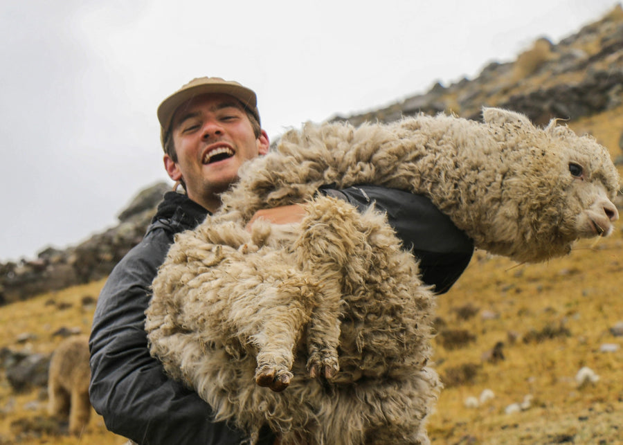 Kris, Paka's founder, smiling and holding an alpaca