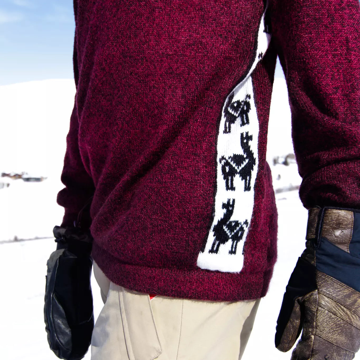 Inca alpaca design on the left panel of the Cusco sweater