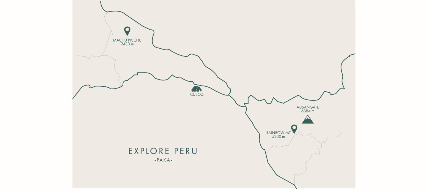 Map showing the Explore Peru route connecting Cusco, Machu Picchu, Ausangate, and Rainbow Mountain