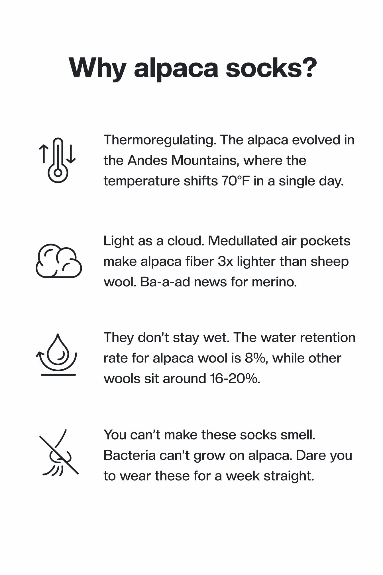 Infographic ‘Why alpaca socks?’ — thermoregulating; 3x lighter than sheep wool; 8% water retention; odor- and bacteria-resistant