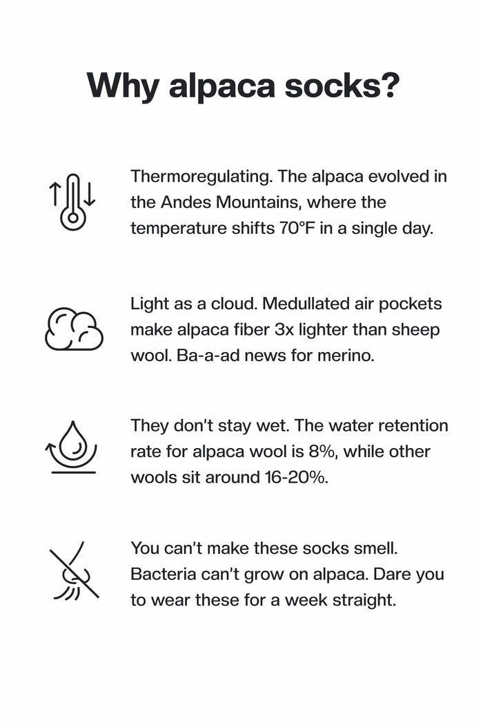 Infographic headline Why alpaca socks? thermoregulating, lightweight, low water retention 8 percent, odor resistant