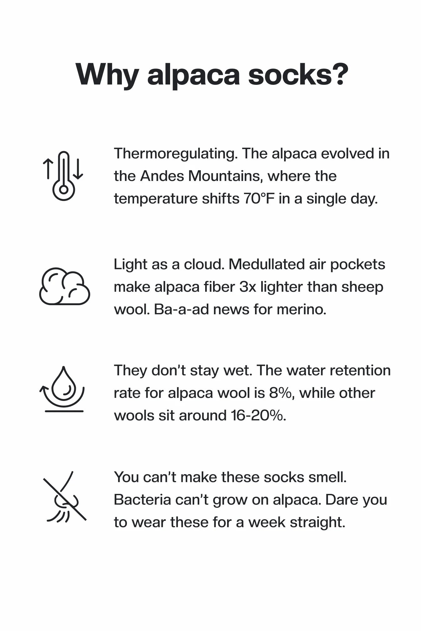 Infographic headline Why alpaca socks? thermoregulating, lightweight, low water retention 8 percent, odor resistant