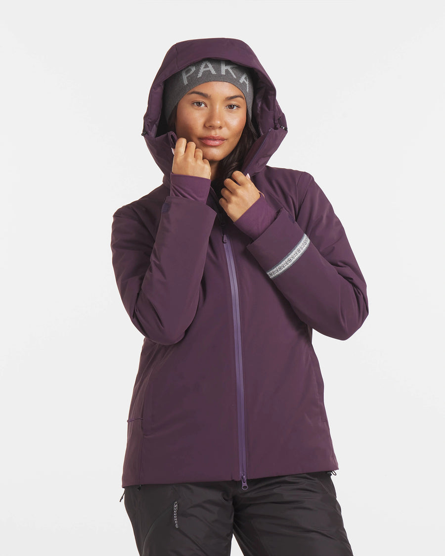 Model with Hood Up on  Apu Women’s Amethyst / Purple Parka Winter Jacket with PAKAFILL® Alpaca Insulation – PAKA Apparel
