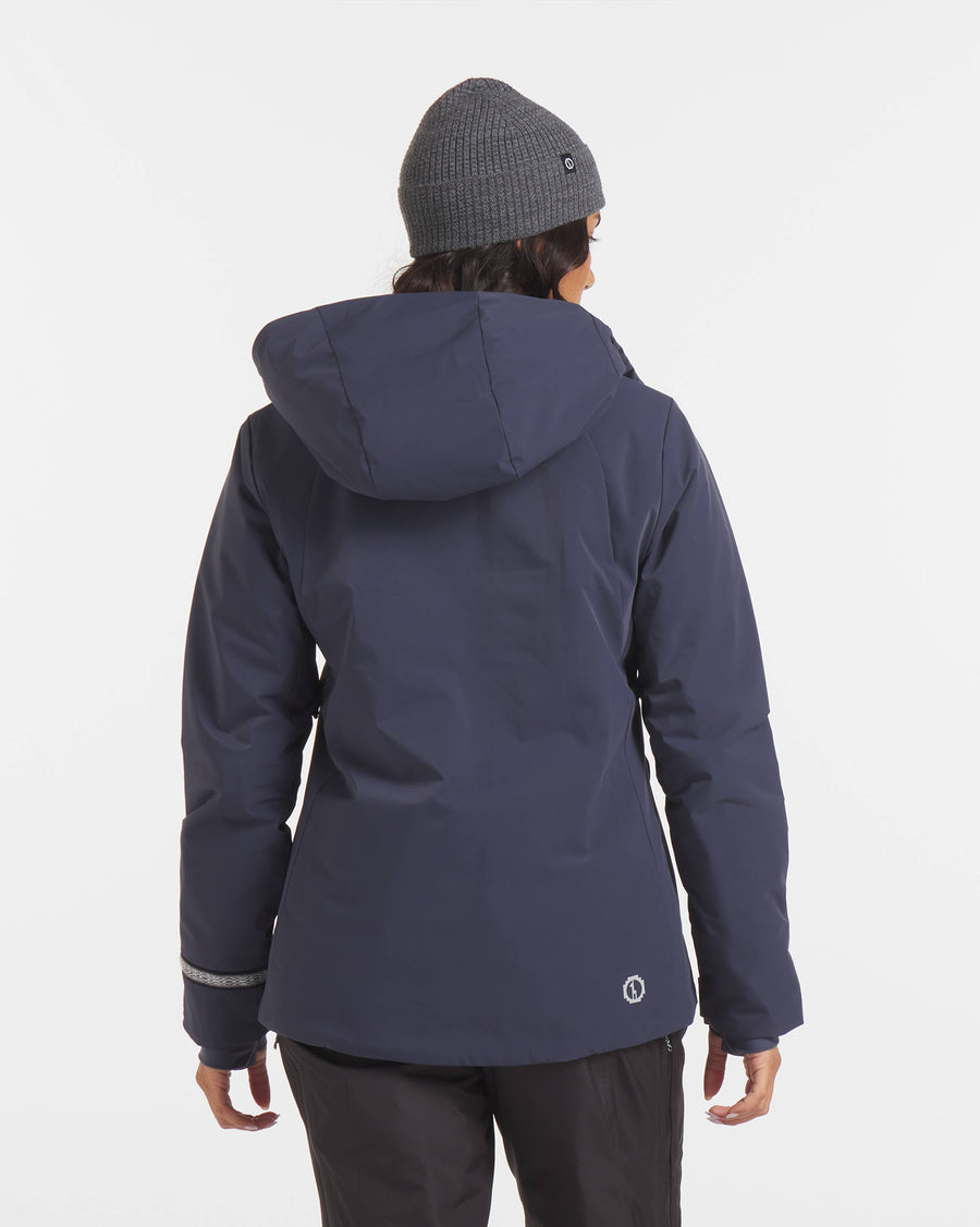 Backside of Woman in Navy Blue Hooded Apu Parka for Skiing, Snowboarding and Outdoors – PAKA Apparel