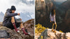Hiker tying a shoe wearing Condor socks on a rocky mountain trail; woman standing at a canyon edge in lavender Breathe hoodie