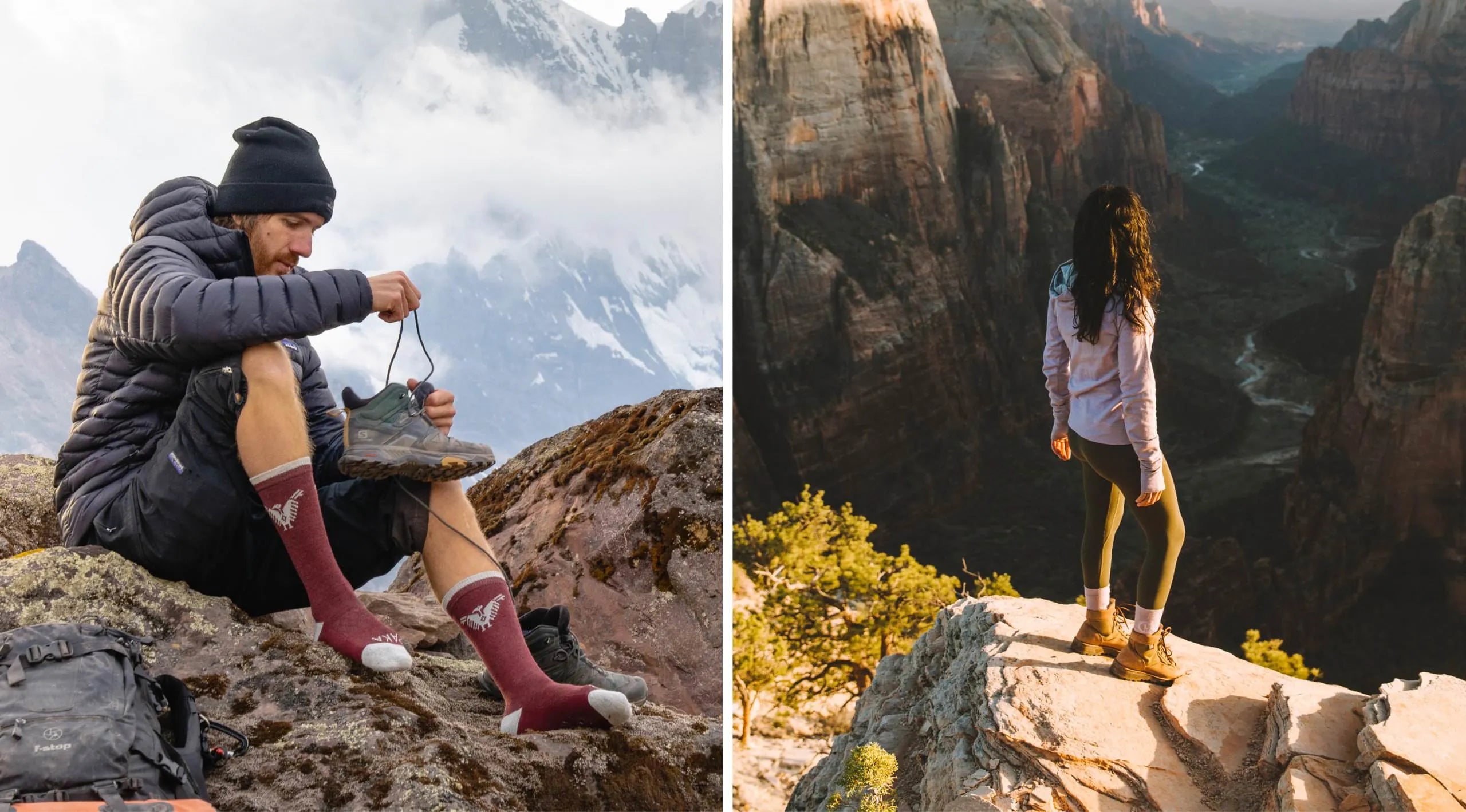 Hiker tying a shoe wearing Condor socks on a rocky mountain trail; woman standing at a canyon edge in lavender Breathe hoodie