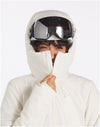 Front view of off-white insulated parka on model showing high zip-up collar and hood with mirrored goggles