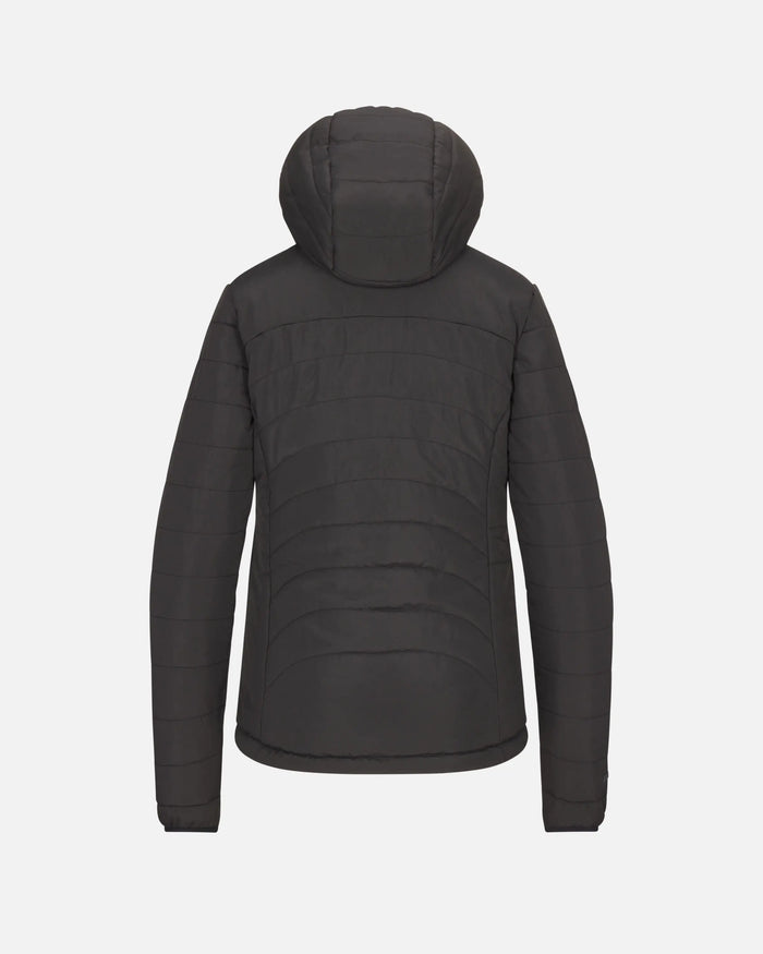 Back view of Women’s PAKAFILL® Midweight puffer jacket with hood and horizontal quilting on light gray background