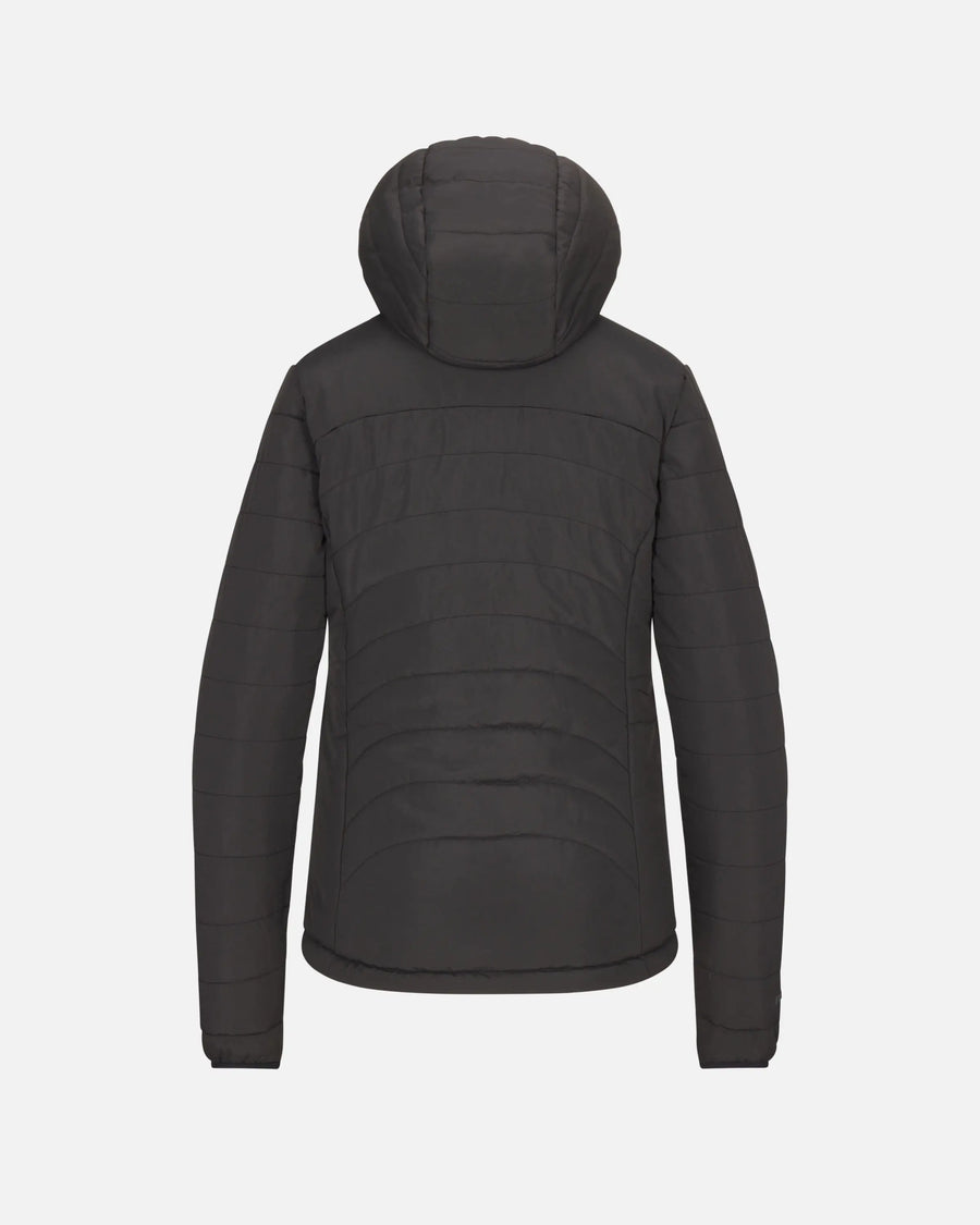 Back view of Women’s PAKAFILL® Midweight puffer jacket with hood and horizontal quilting on light gray background