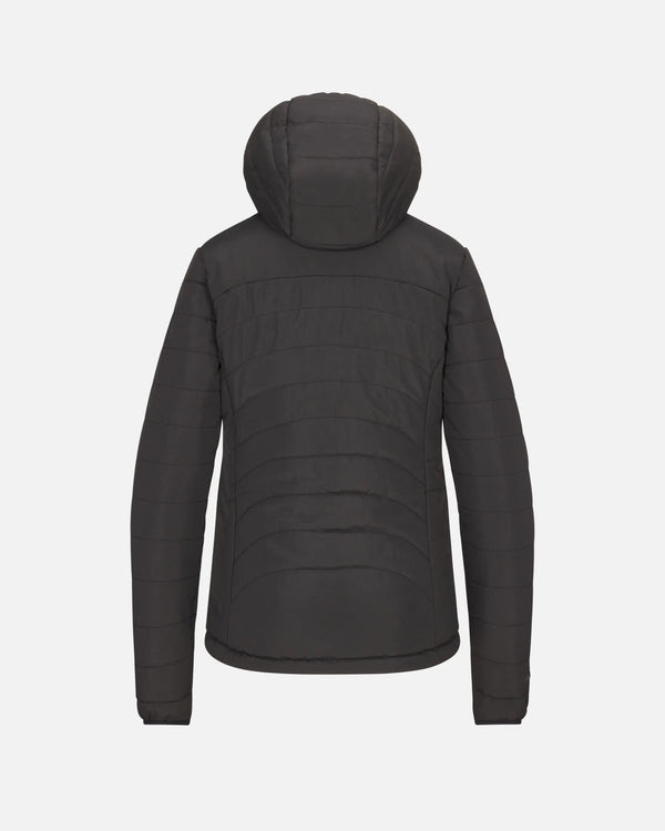 Back view of Women’s PAKAFILL® Midweight puffer jacket with hood and horizontal quilting on light gray background