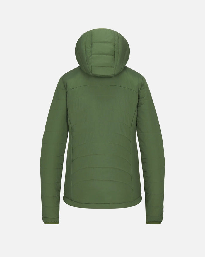 Back view of women’s PAKAFILL puffer jacket in green showing attached hood and horizontal quilting on light gray background