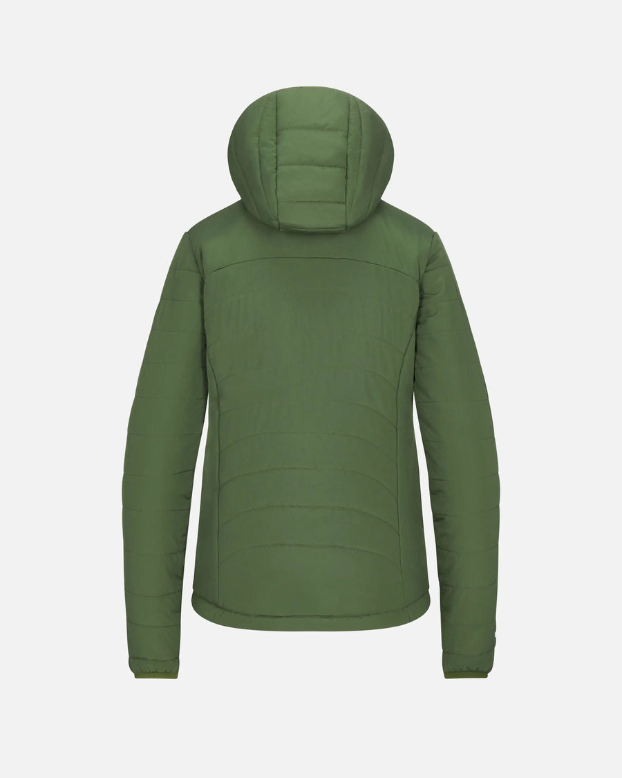 Back view of women’s PAKAFILL puffer jacket in green showing attached hood and horizontal quilting on light gray background