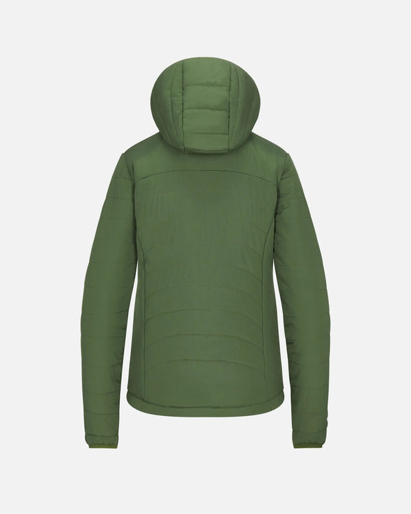 Back view of women’s PAKAFILL puffer jacket in green showing attached hood and horizontal quilting on light gray background