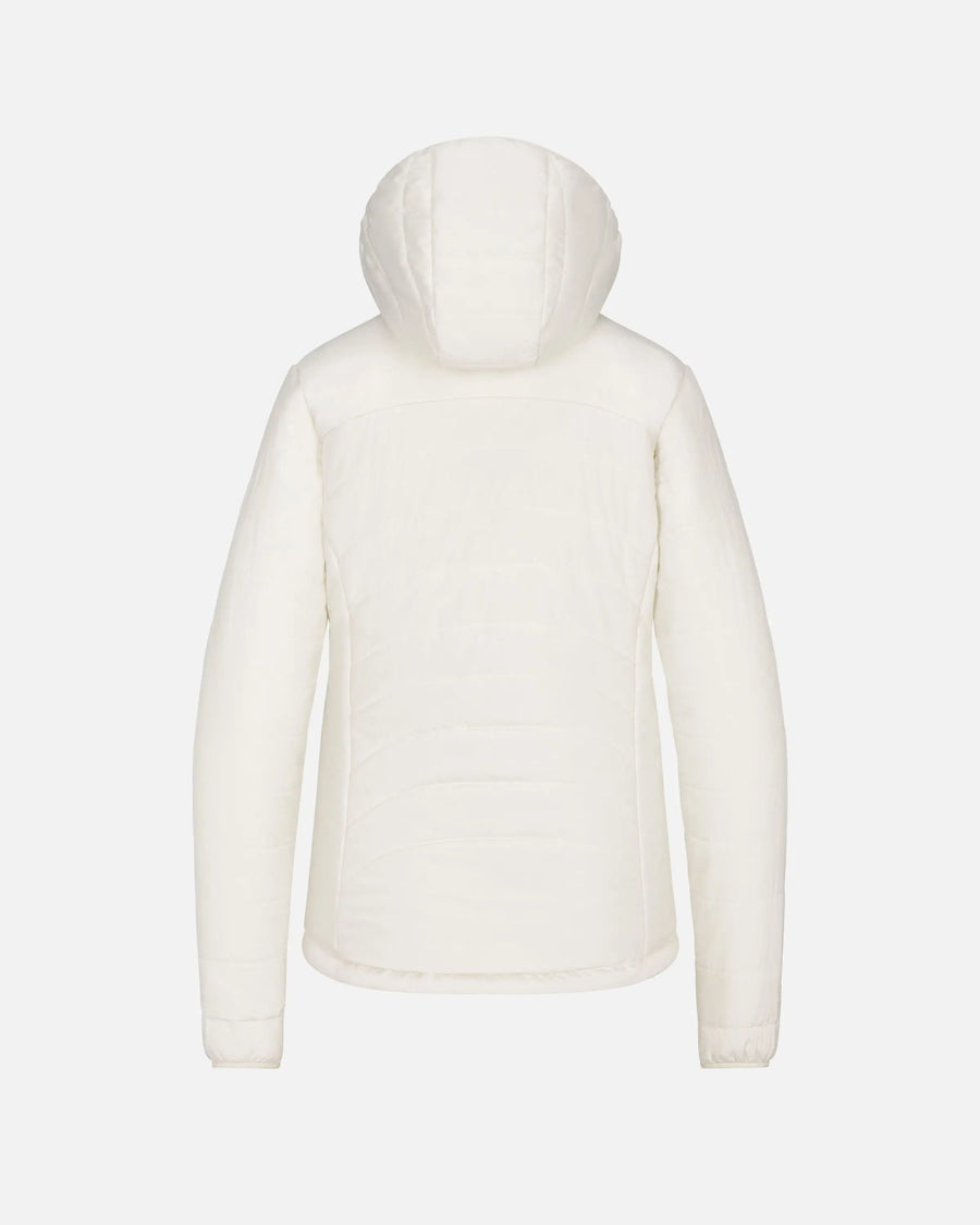 Back view of women’s PAKAFILL midweight puffer jacket with hood and alpaca insulation on light gray background