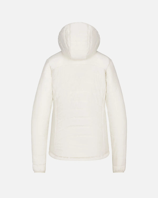 Back view of women’s PAKAFILL midweight puffer jacket with hood and alpaca insulation on light gray background