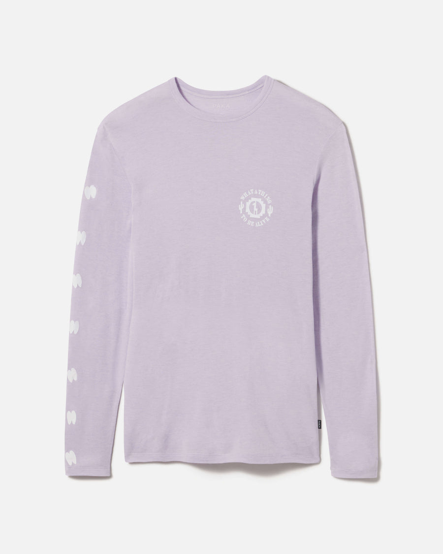 Front view of Sebastian long-sleeve shirt showcasing light lavender color, small chest logo and white heart prints down the sleeve on white background