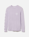 Front view of Sebastian long-sleeve shirt showcasing light lavender color, small chest logo and white heart prints down the sleeve on white background