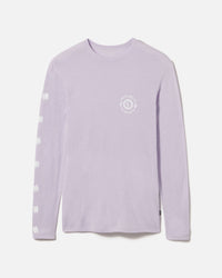 Front view of Sebastian long-sleeve shirt showcasing light lavender color, small chest logo and white heart prints down the sleeve on white background