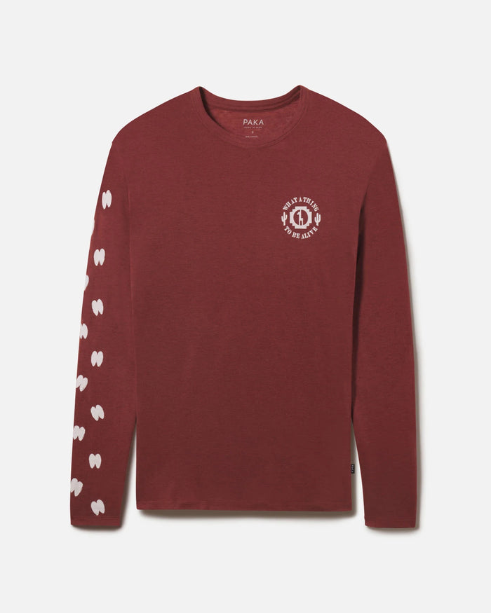 Clay / Red Sebastian Sustainable Alpaca Long Sleeve Shirt with Logo on Front and Alpaca Footprints on Arm – PAKA Apparel