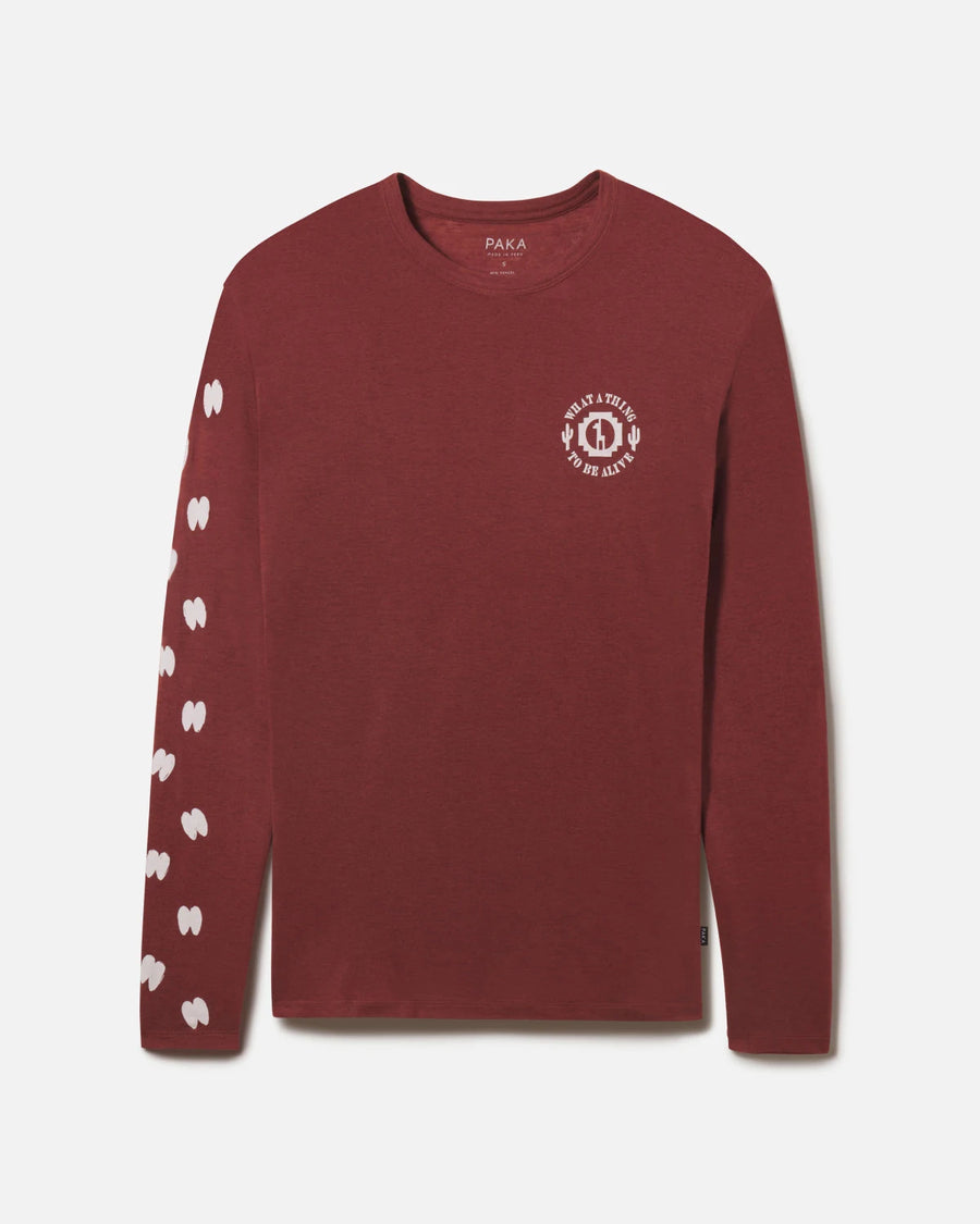 Clay / Red Sebastian Sustainable Alpaca Long Sleeve Shirt with Logo on Front and Alpaca Footprints on Arm – PAKA Apparel